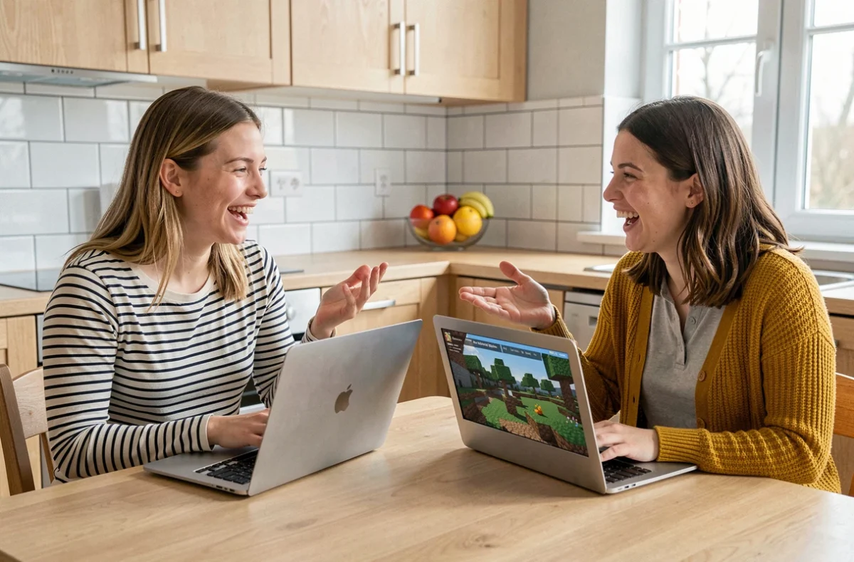 Deux jeunes femmes jouant à Minecraft Bedrock Edition en réseau local sur laptops dans une cuisine moderne