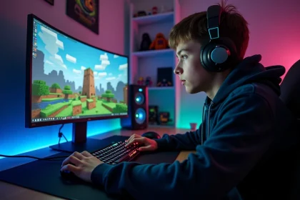 Joueur adolescent s'entraînant au click Kohi sur Minecraft en PVP à son bureau gaming