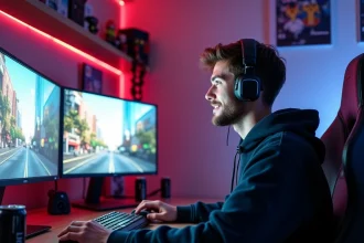 Joueur de GTA RP francophone concentré devant ses écrans avec casque gaming dans une chambre setup gamer