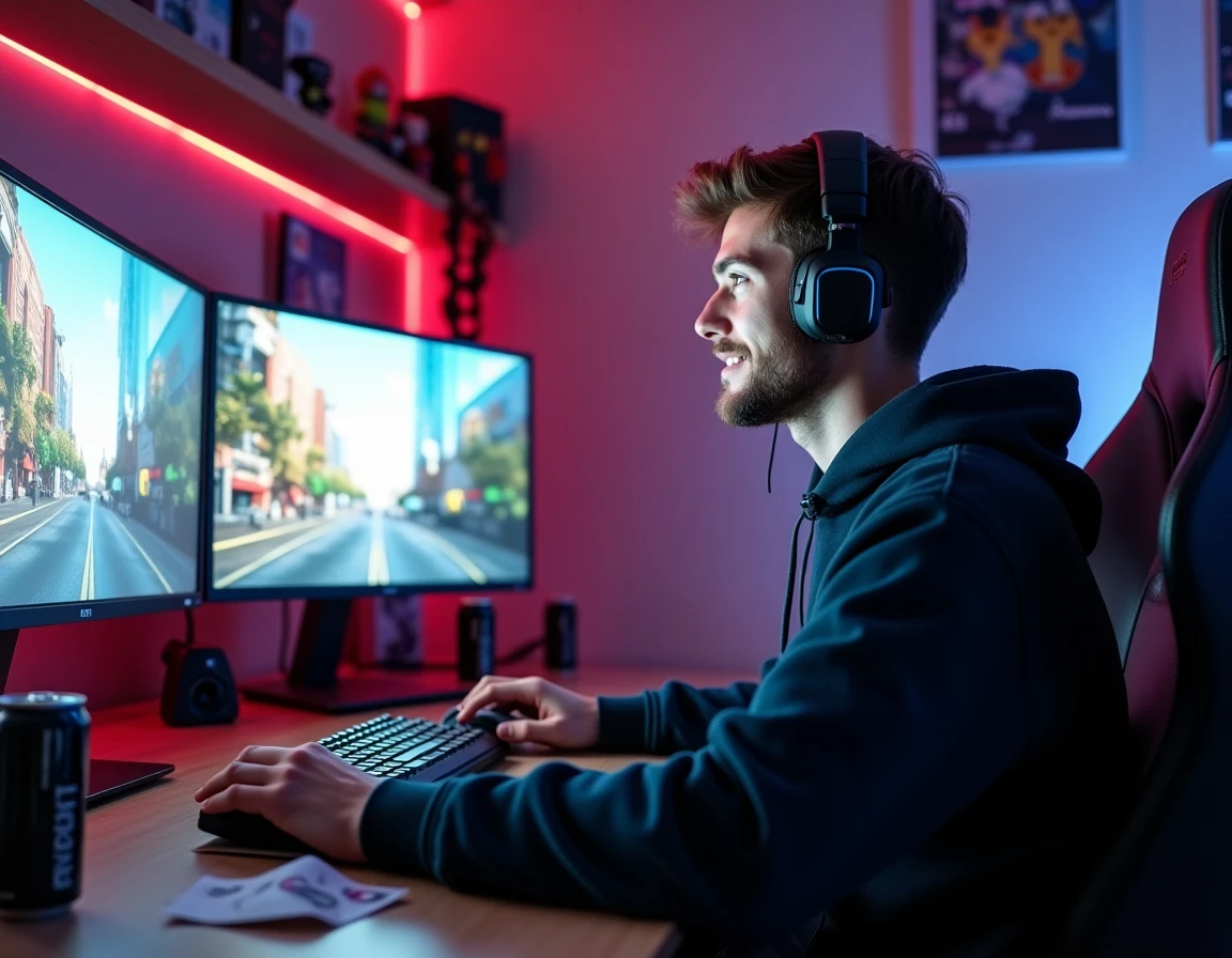 Joueur de GTA RP francophone concentré devant ses écrans avec casque gaming dans une chambre setup gamer