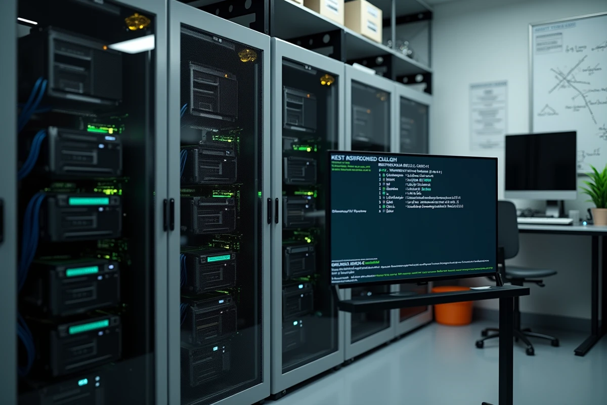 Salle de serveurs de laboratoire universitaire avec des stations de travail GPU ouvertes et des logs d'entraînement ResNet affichés sur moniteur, illustrant les contraintes matérielles en recherche