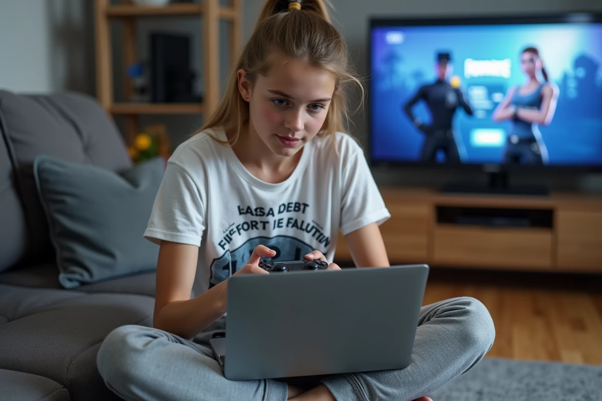 Adolescente liant son compte Fortnite à Epic Games depuis un ordinateur portable dans un salon confortable avec une manette de jeu à la main