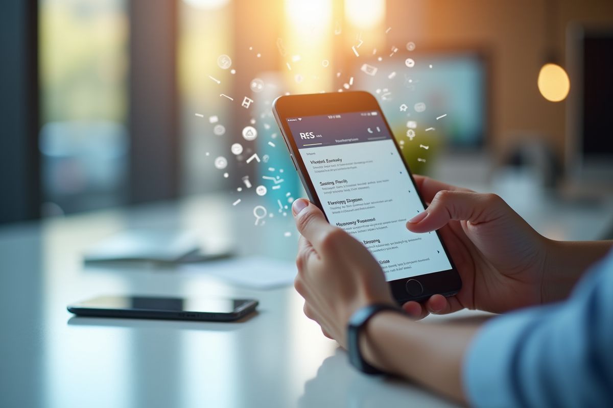 Mains modernes tenant un smartphone avec interface RSS colorée