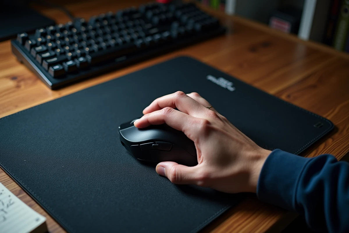 Gros plan sur une main en prise claw grip sur une souris gaming lors d'un entraînement click Kohi Minecraft