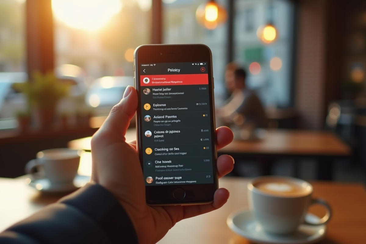 Smartphone avec message de phishing dans un café ensoleille