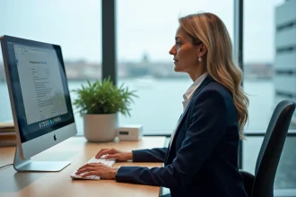 Femme professionnelle utilisant la messagerie Zimbra sur un ordinateur dans un bureau municipal de Cherbourg en 2026