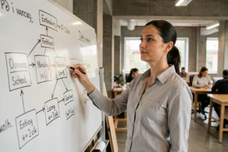 Femme ingénieure en informatique expliquant un modèle conceptuel de données sur un tableau blanc avec des diagrammes entité-relation détaillés