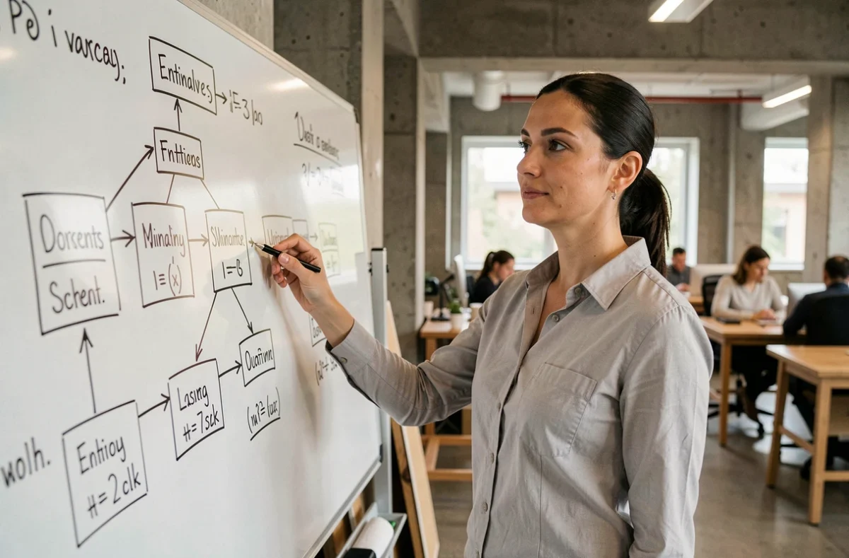 Femme ingénieure en informatique expliquant un modèle conceptuel de données sur un tableau blanc avec des diagrammes entité-relation détaillés