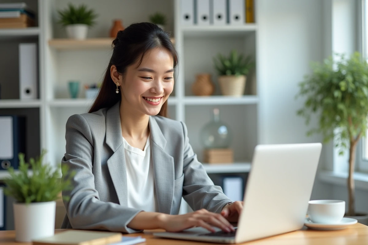 Femme professionnelle organisant sa boîte mail sur un ordinateur portable dans un bureau à domicile moderne et ordonné