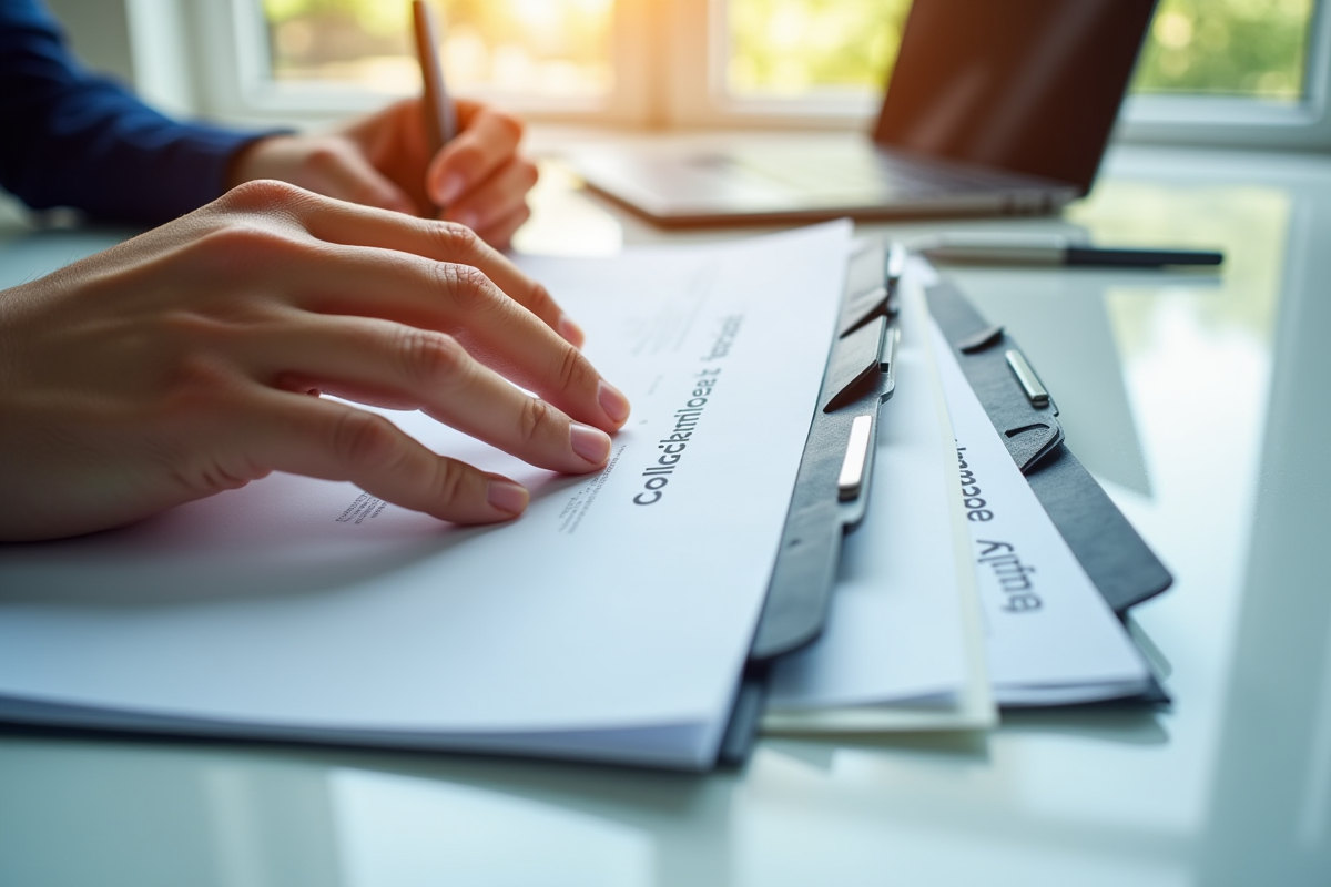 Mains organisant des dossiers et documents avec onglets dans un espace de travail lumineux