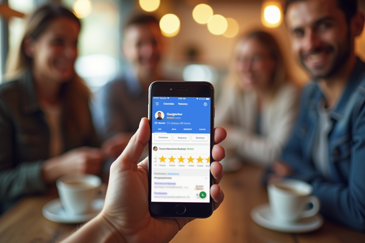 Main tenant un smartphone montrant une page Google avec étoiles dorées