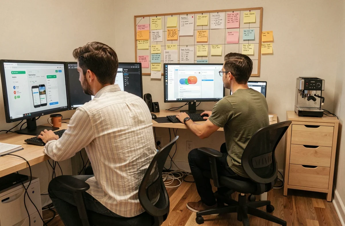 Deux développeurs de Pragmea travaillant côte à côte sur des projets web et mobile dans leur agence
