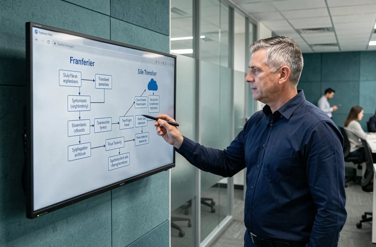 Professionnel expliquant les différences entre transfert de fichiers et stockage cloud sur un écran de bureau en entreprise