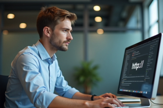 Jeune homme professionnel informatique au bureau regardant l'écran