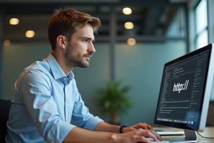 Jeune homme professionnel informatique au bureau regardant l'écran
