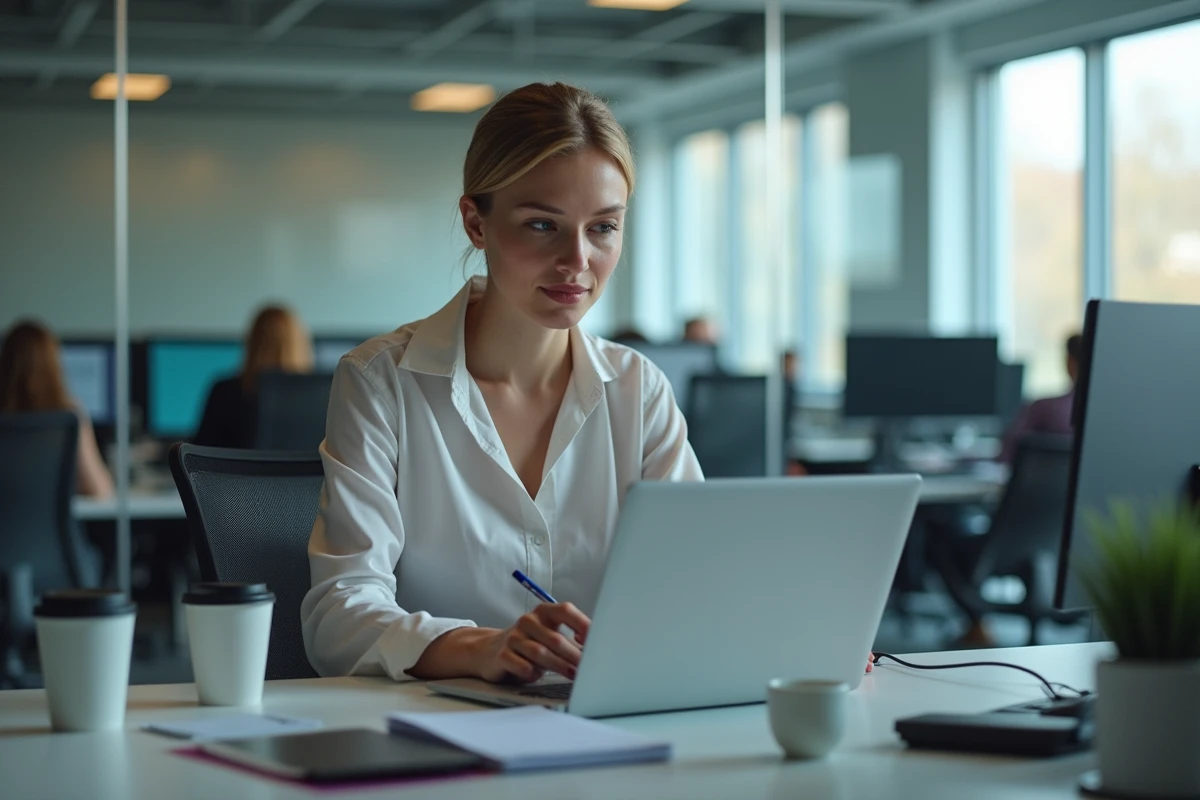 Femme professionnelle analysant un ordinateur portable au bureau