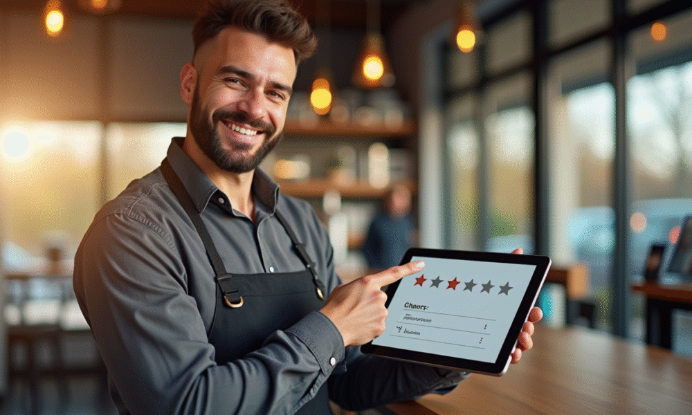 Propriétaire souriant derrière le comptoir avec note de 5 étoiles