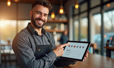 Propriétaire souriant derrière le comptoir avec note de 5 étoiles