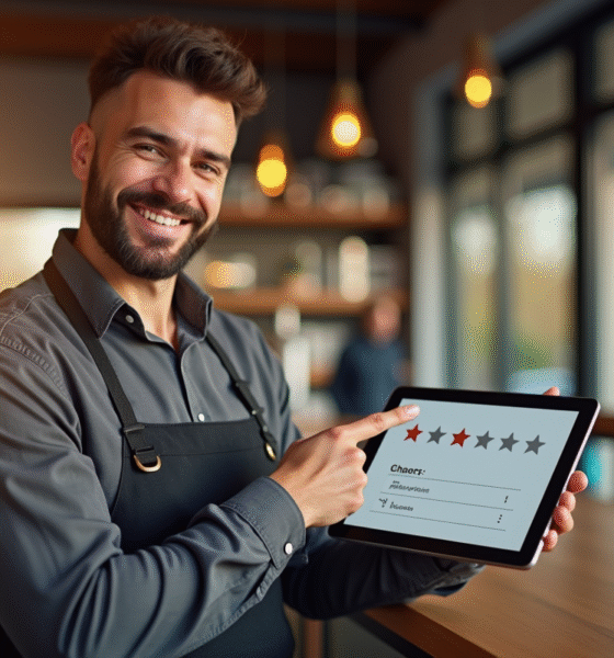 Propriétaire souriant derrière le comptoir avec note de 5 étoiles
