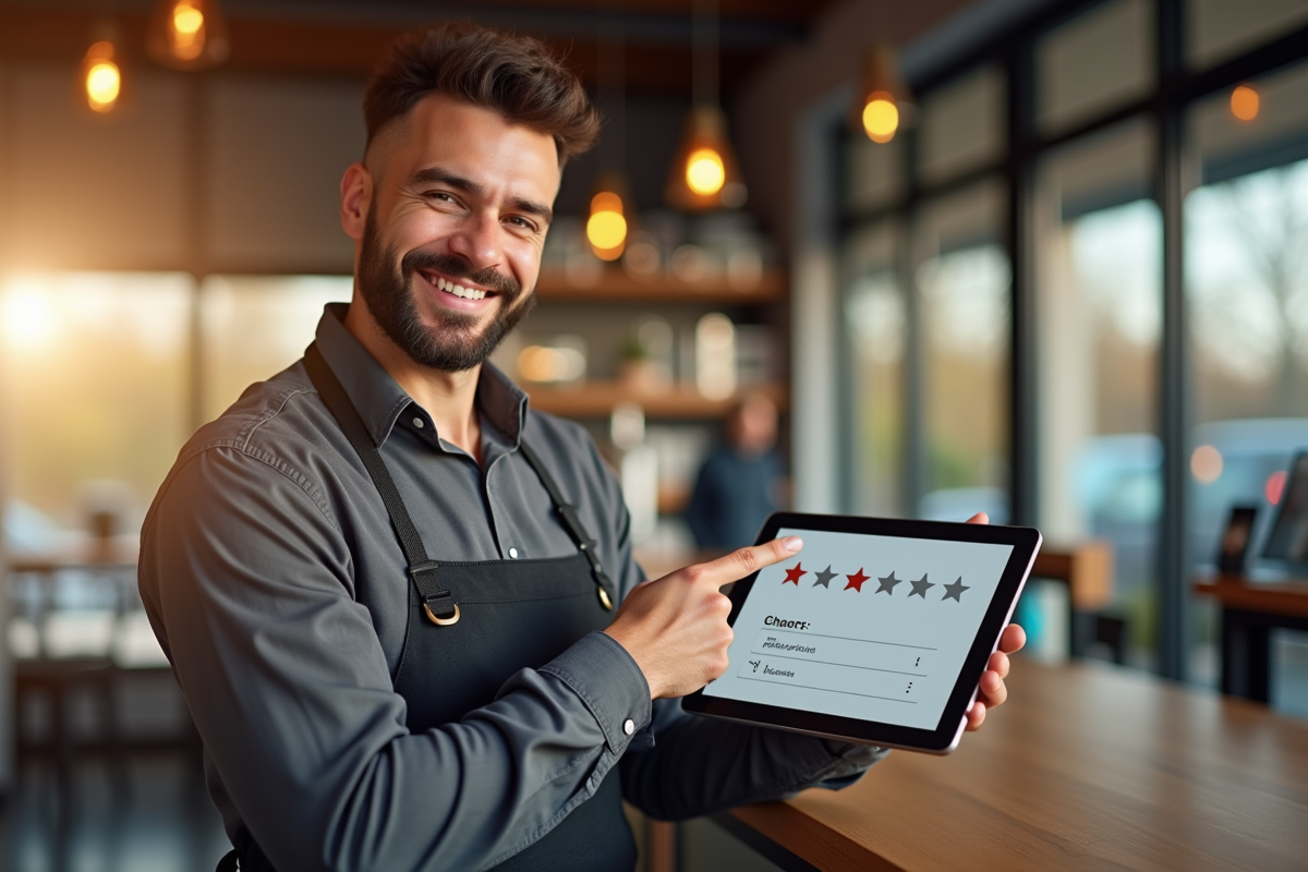 Propriétaire souriant derrière le comptoir avec note de 5 étoiles