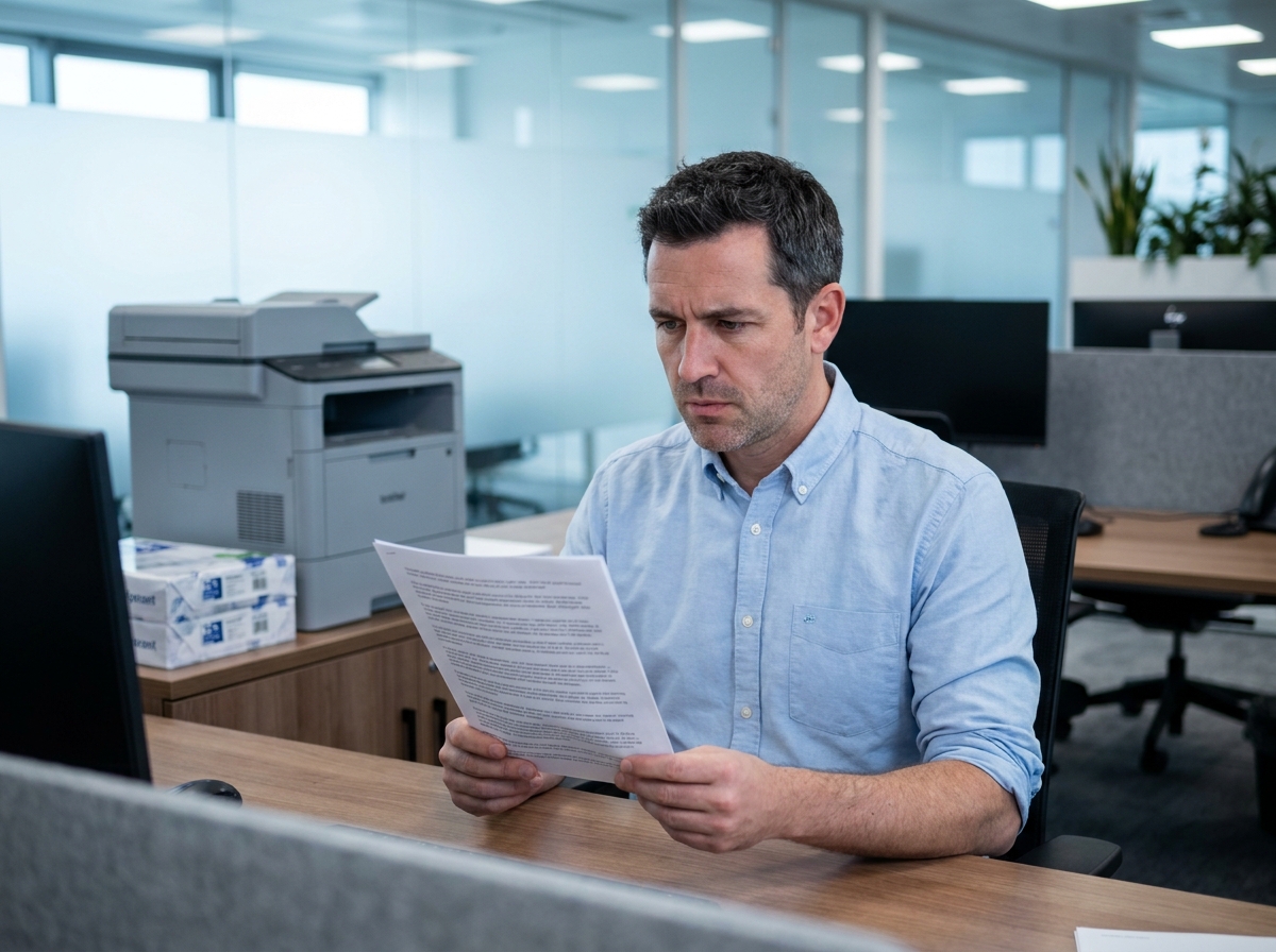 Homme en bureau open-space inspectant la qualité d'impression d'une feuille de papier de bureau