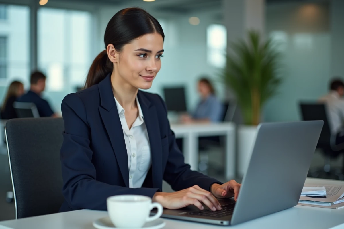 Femme en bureau professionnel configurant un raccourci clavier Shift sur ordinateur portable