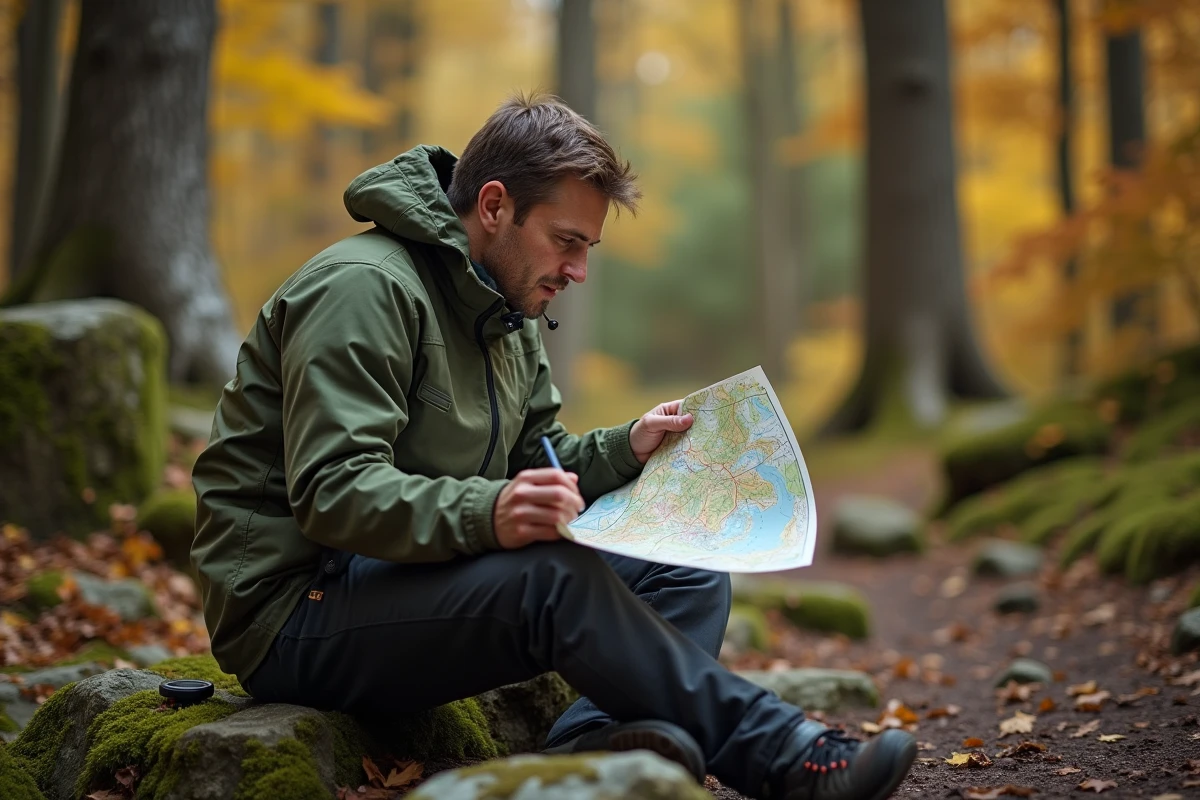 Randonneur consultant une carte topographique et un GPS sur un sentier forestier automnal