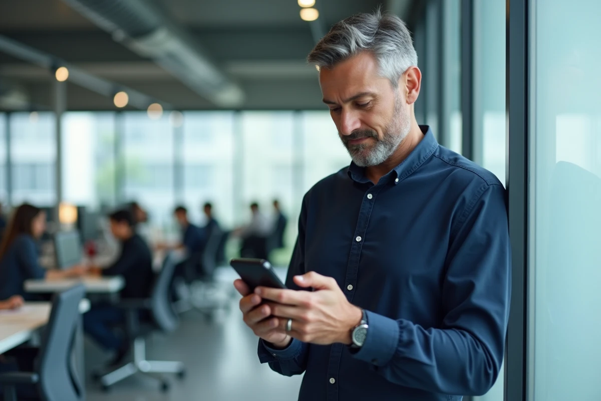 Homme récupérant un email supprimé avec pièces jointes sur smartphone Android en entreprise