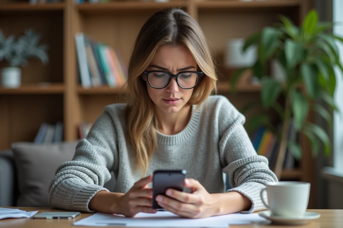 Femme consultant son smartphone pour récupérer un mail supprimé avec ses pièces jointes