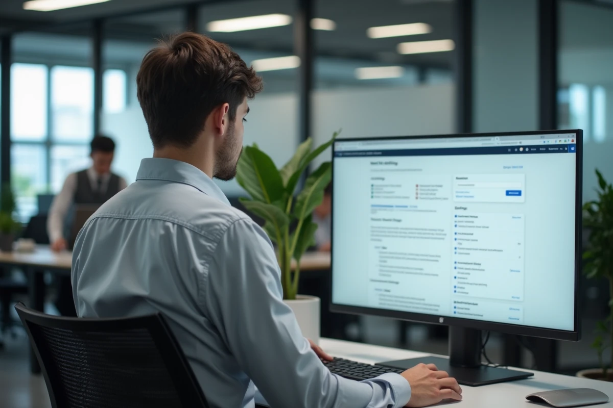 Administrateur configurant la redirection de messagerie universitaire sur un grand écran dans un bureau moderne