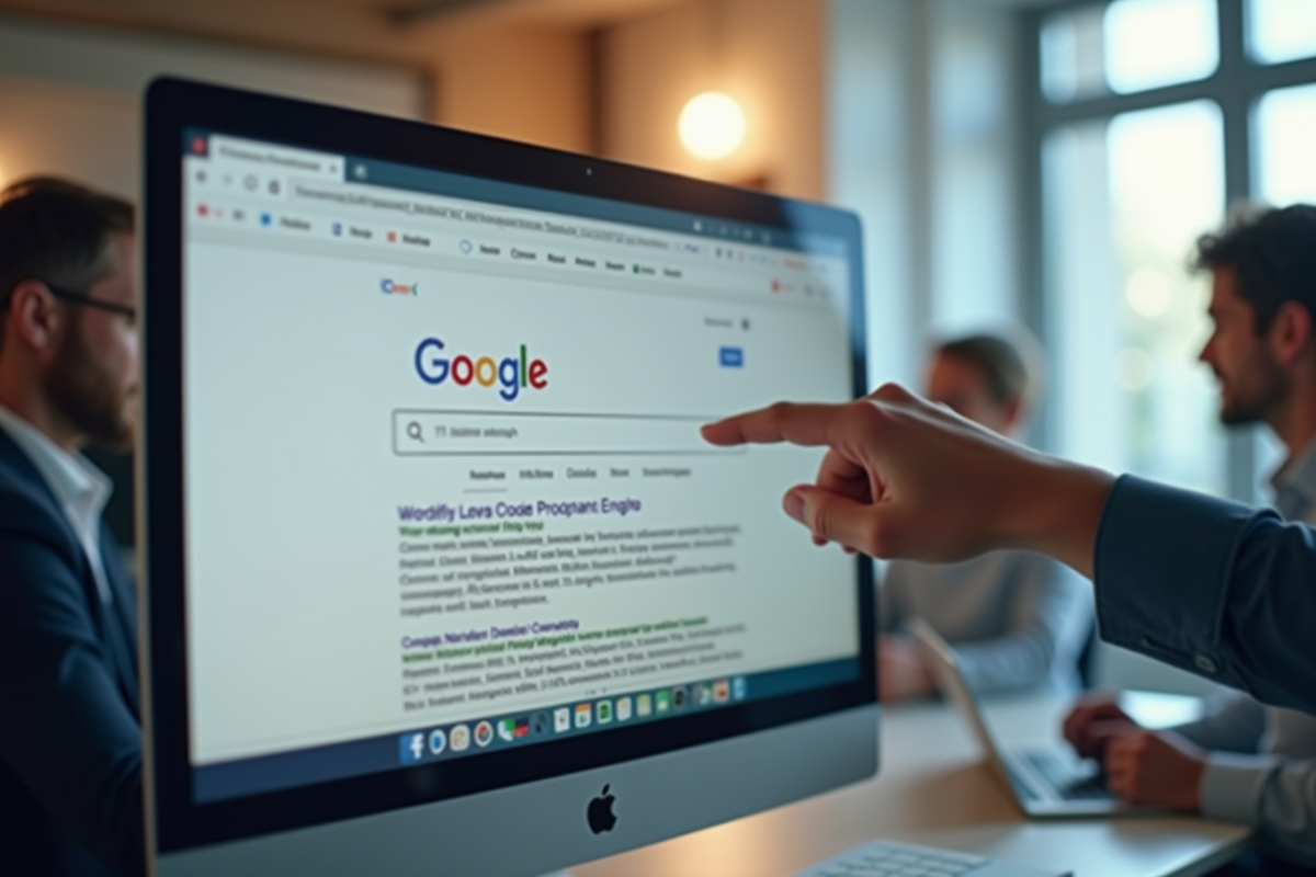 Gros plan sur un écran de recherche SEO avec un site en tête