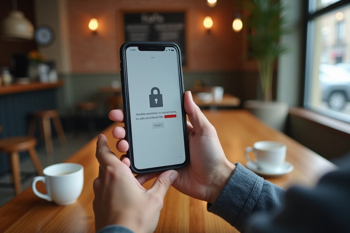 Gros plan de mains tenant un smartphone affichant un avertissement de sécurité avec URL masquée dans un café