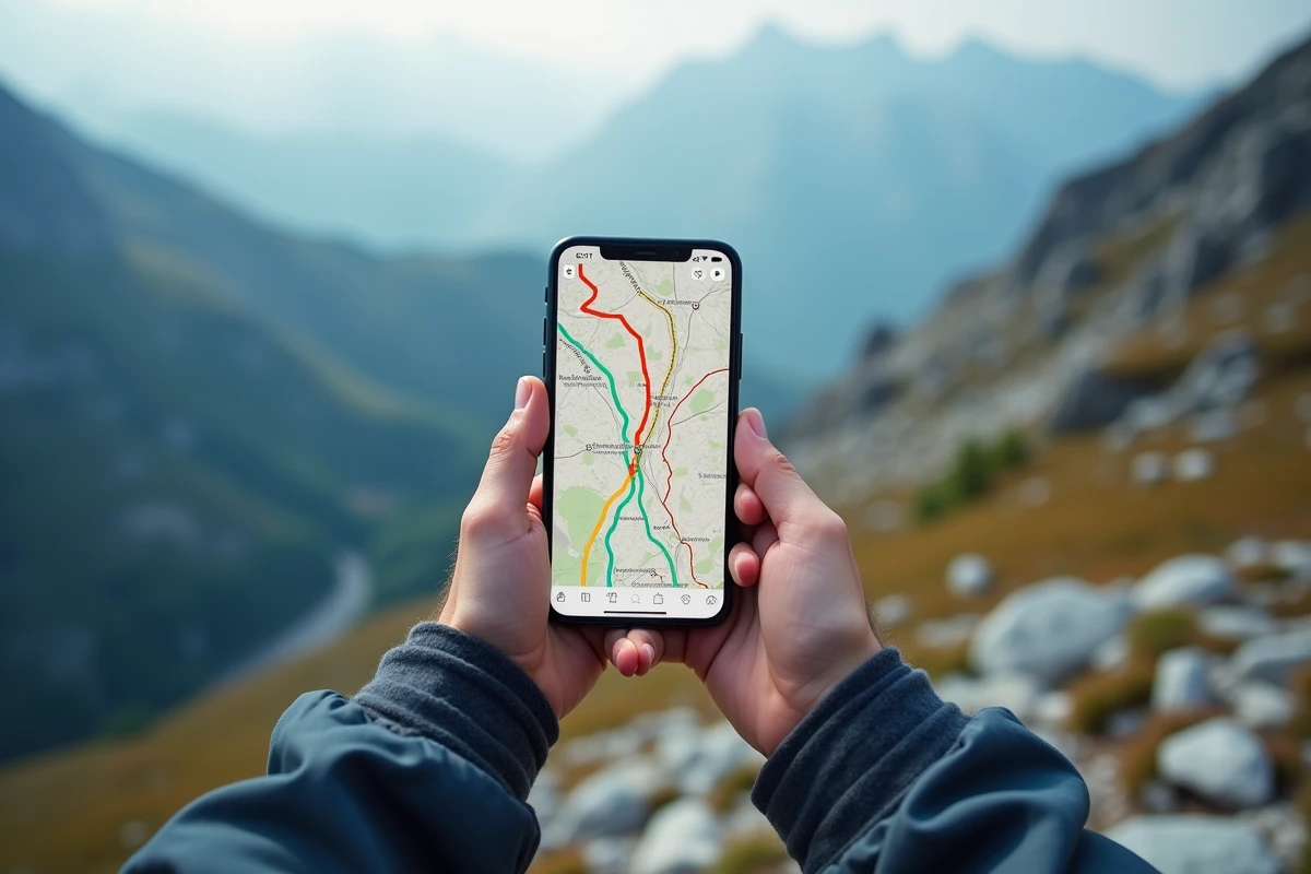 Mains tenant un smartphone affichant des itinéraires de randonnée fusionnés sur une crête alpine