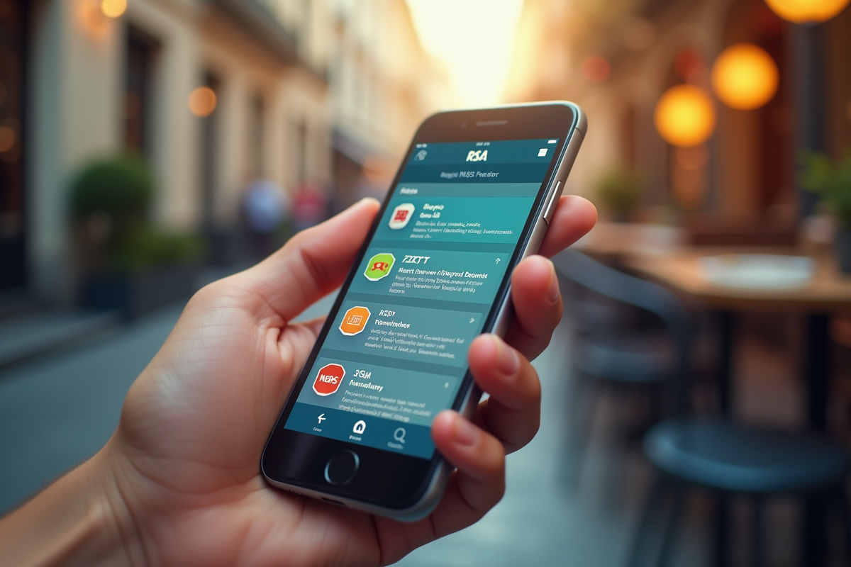 Smartphone affichant des icônes RSS dans un café lumineux