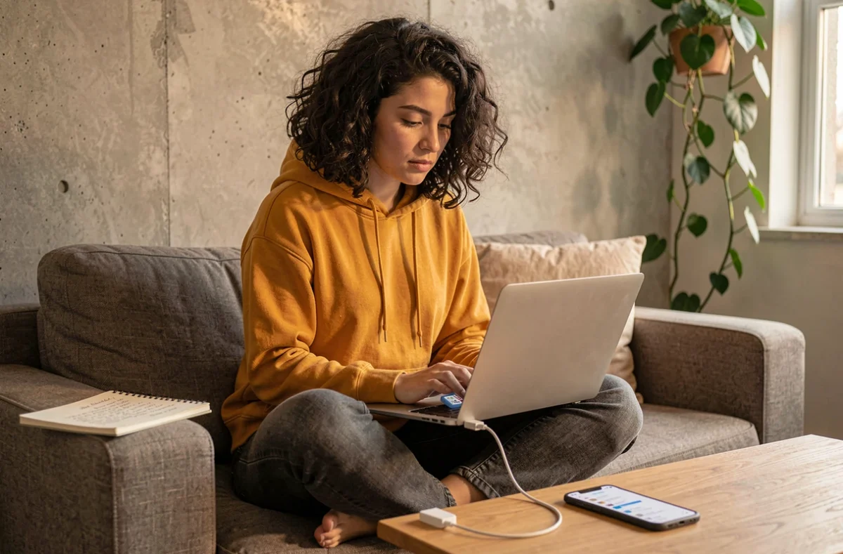 Jeune femme convertissant un fichier Pages en Word via une clé USB sur MacBook dans un appartement moderne sans recourir à iCloud