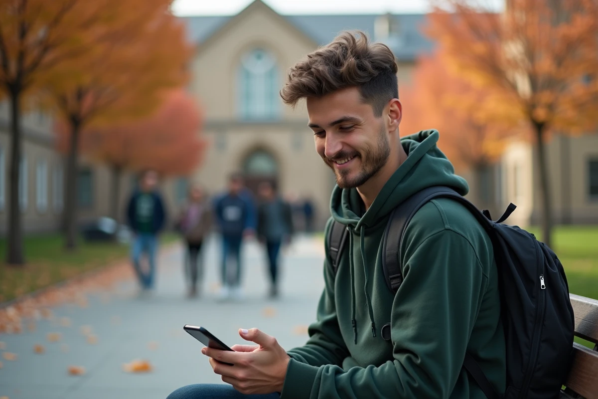 Étudiant vérifiant le stockage de son webmail universitaire sur smartphone dans une cour de campus en automne