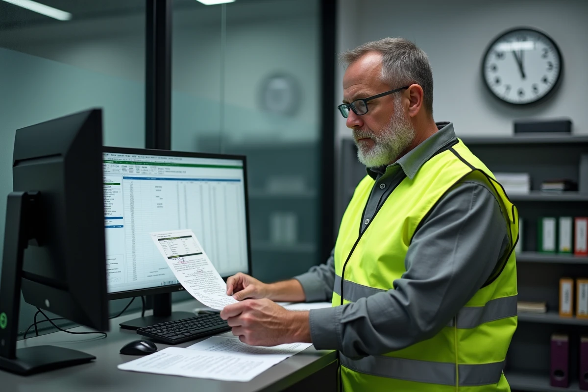Superviseur d'entrepôt analysant des feuilles de calcul Excel pour la gestion des shifts de nuit dans un bureau industriel