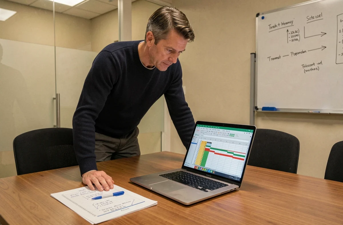 Homme vérifiant des doublons dans un fichier Excel sur laptop avec feuilles imprimées