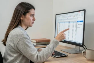 Femme concentrée devant un écran d'ordinateur affichant un tableau Excel avec des lignes vides à supprimer après un tri de données