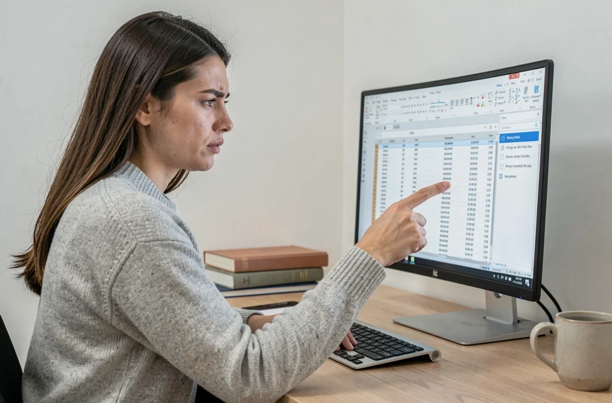 Femme concentrée devant un écran d'ordinateur affichant un tableau Excel avec des lignes vides à supprimer après un tri de données