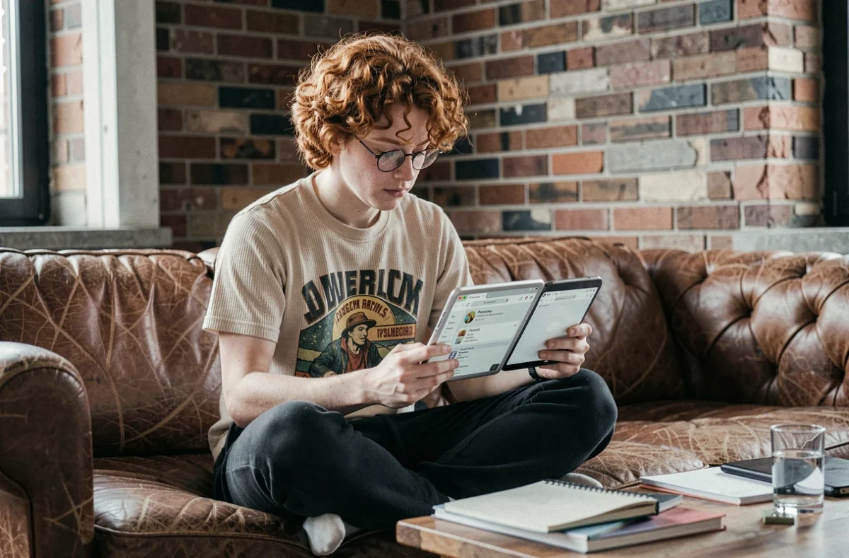 Jeune personne synchronisant ses marques-pages Firefox entre une tablette et un smartphone dans un appartement urbain décontracté
