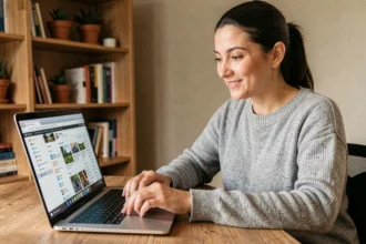 Femme utilisant Firefox sur un ordinateur portable pour synchroniser ses marques-pages dans un bureau à domicile chaleureux