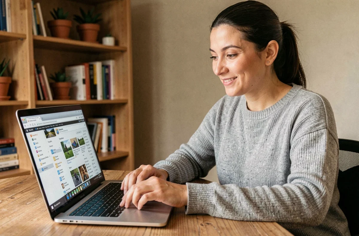 Femme utilisant Firefox sur un ordinateur portable pour synchroniser ses marques-pages dans un bureau à domicile chaleureux