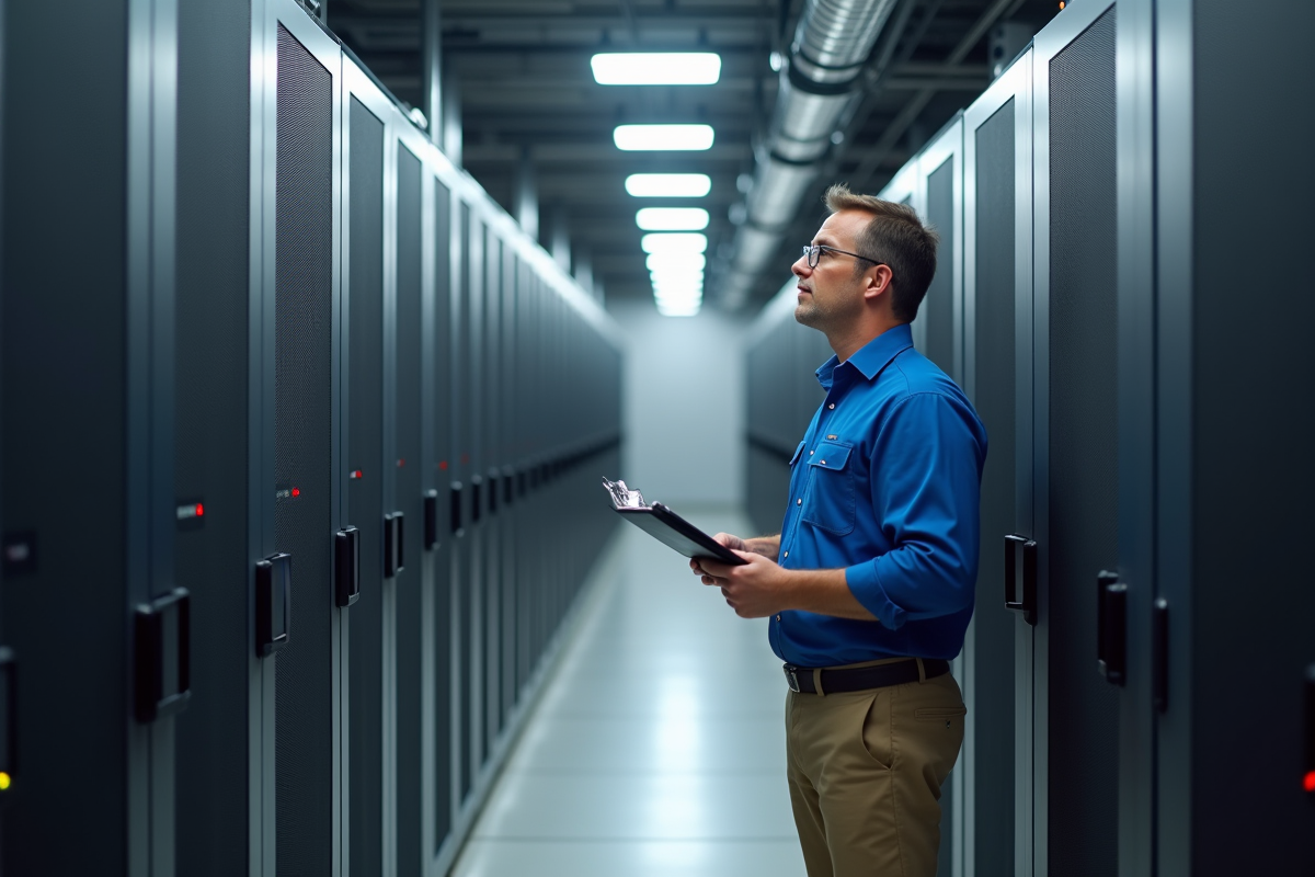 Technicien en centre de données inspectant les serveurs
