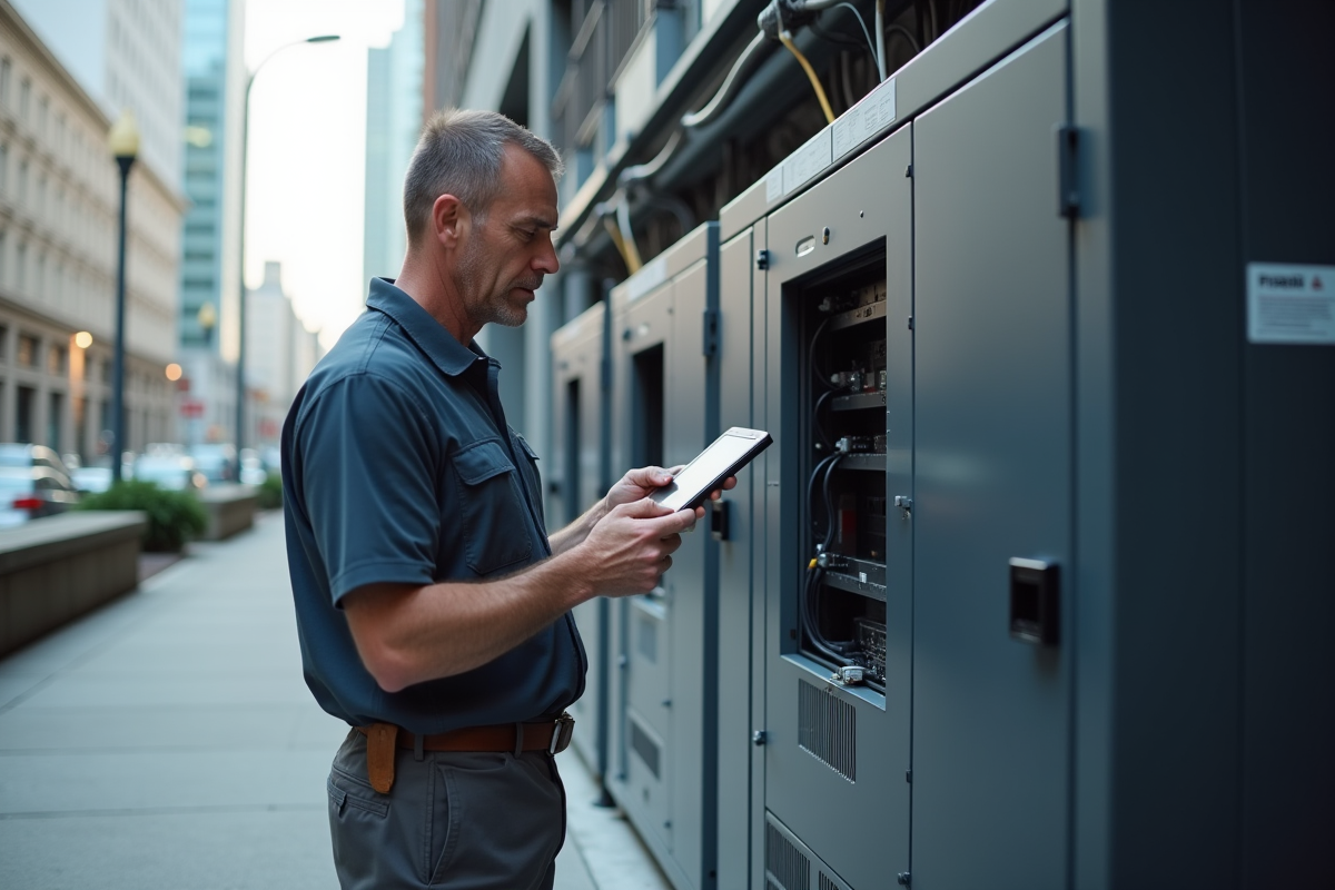Technicien informatique inspectant un boîtier IoT en milieu urbain
