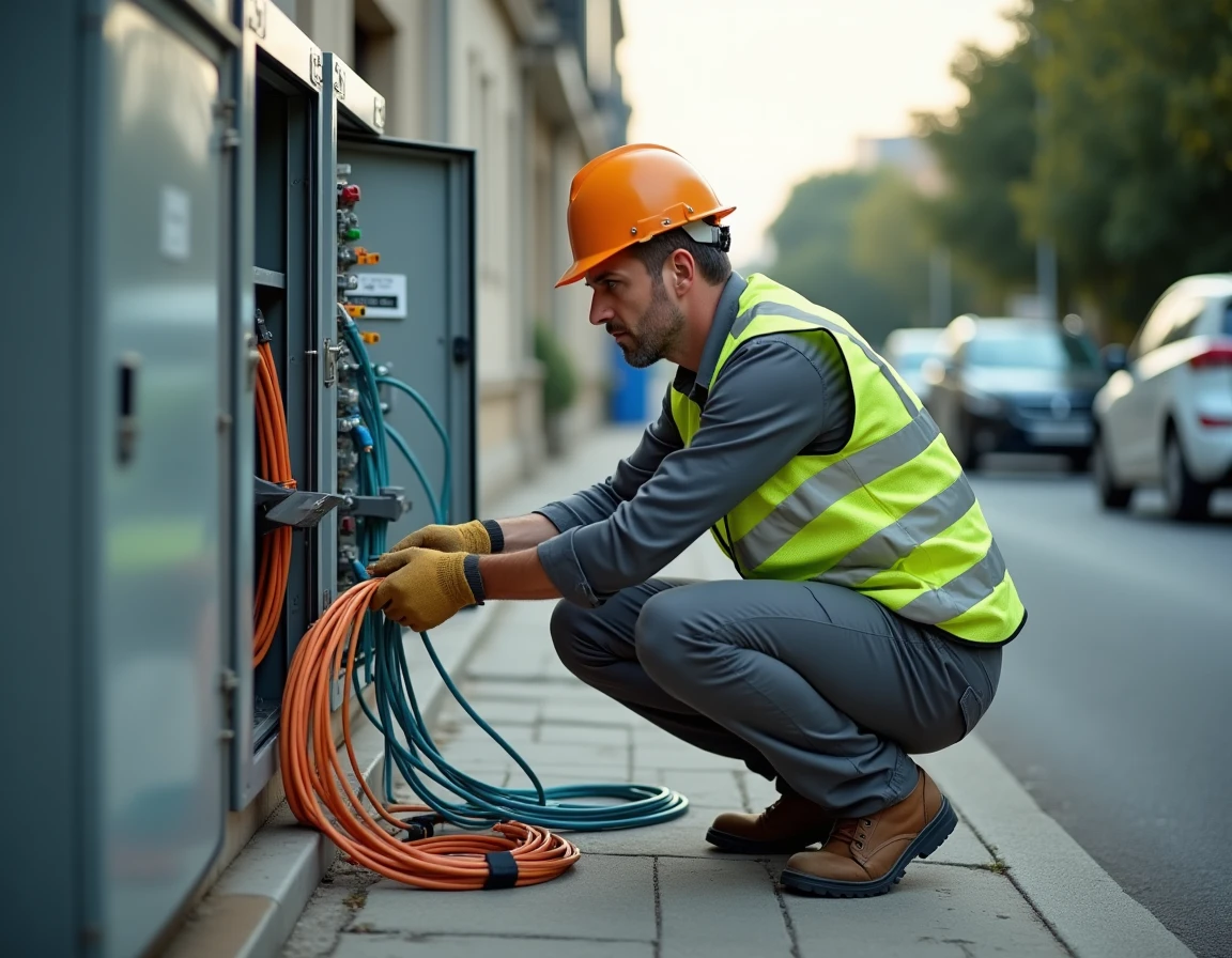 Technicien SFR installant la fibre optique dans un boîtier de rue dans un quartier résidentiel français