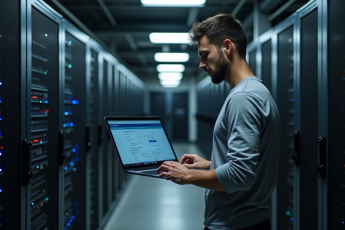 Technicien informatique configurant le serveur de messagerie Zimbra dans une salle des serveurs d'une administration publique à Cherbourg