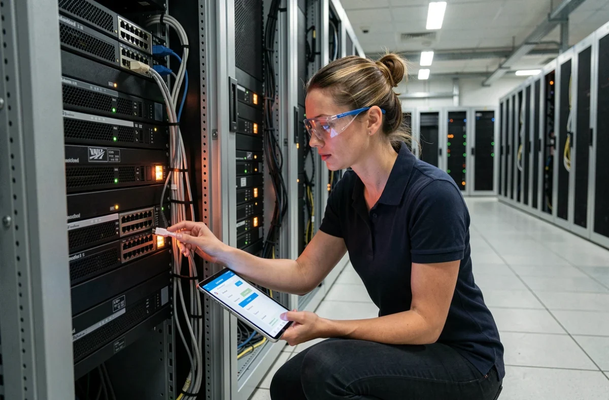 Technicienne réseau configurant un switch manageable dans une salle serveur pour segmentation VLAN