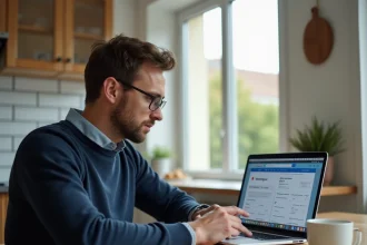 Homme consultant un test d'éligibilité fibre SFR sur un ordinateur portable dans une cuisine moderne