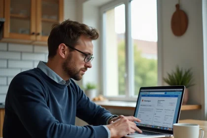 Homme consultant un test d'éligibilité fibre SFR sur un ordinateur portable dans une cuisine moderne